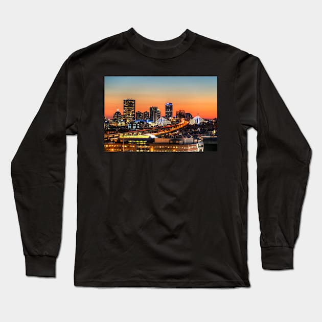 The Boston Skyline lit up blue at Sunset Long Sleeve T-Shirt by WayneOxfordPh